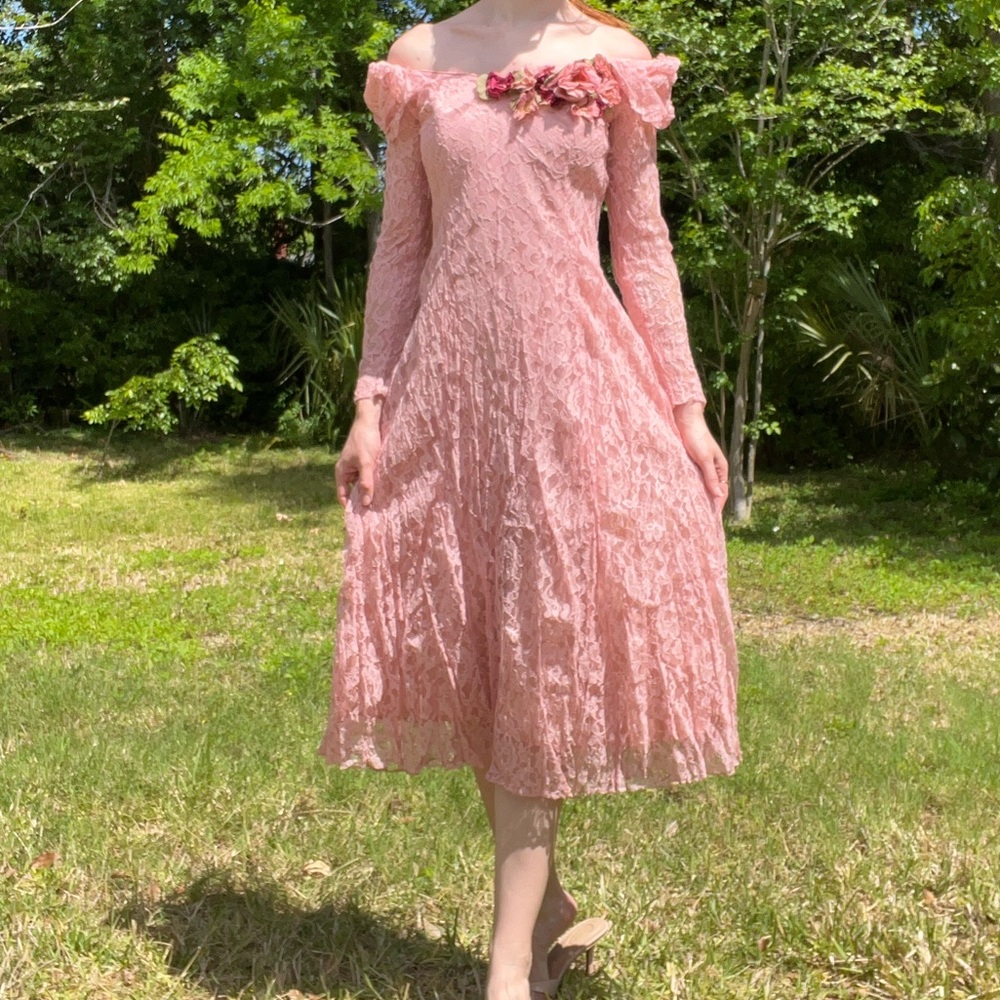 Vintage Off Shoulder Floral Gown